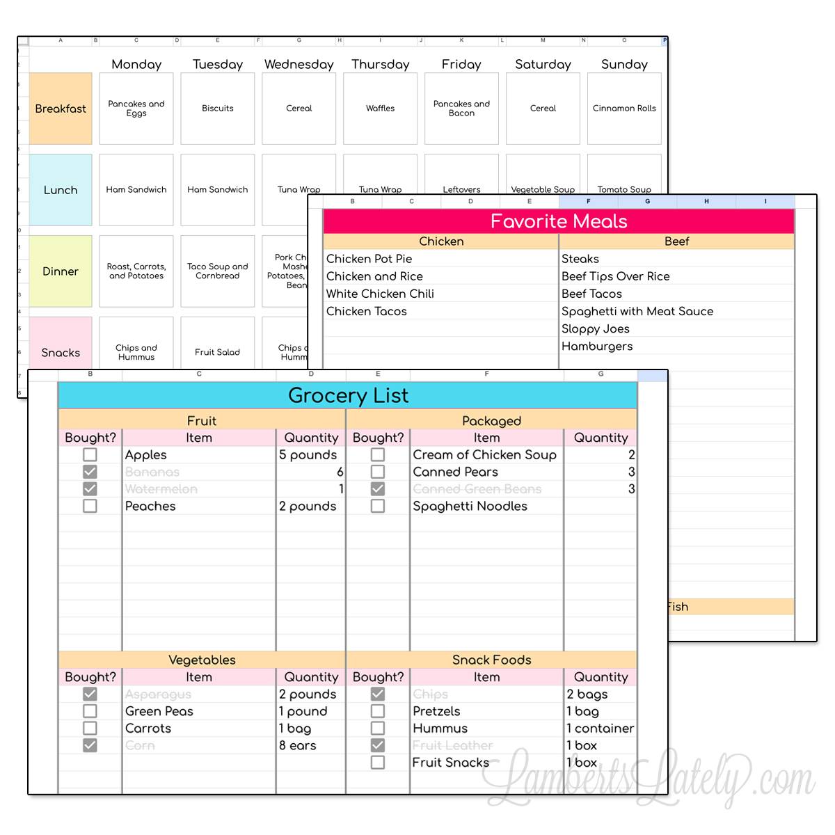meal plan, favorite meals, and grocery list templates.