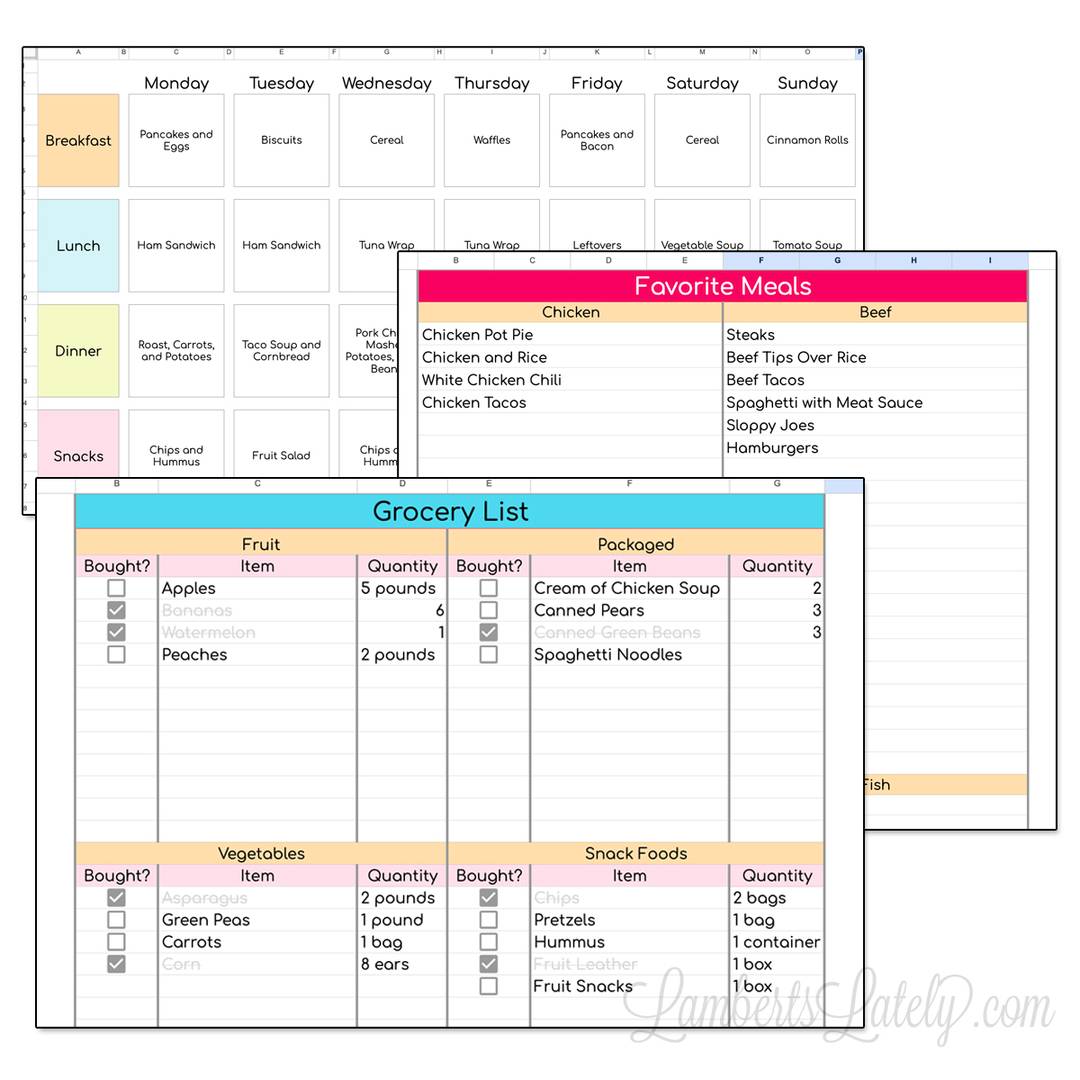 Printable Google Sheets meal planning template featuring a weekly menu, grocery shopping list, and favorite meals tracker.