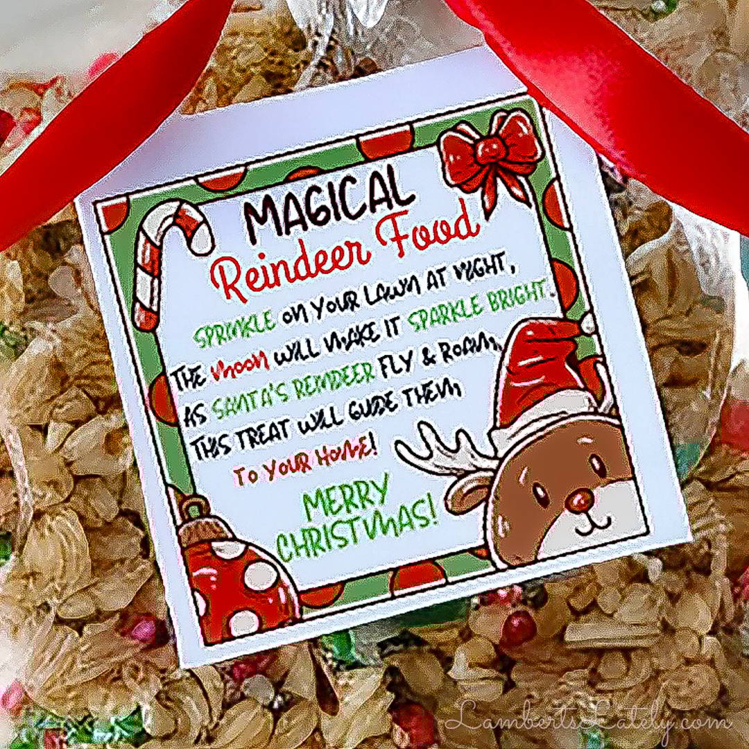 reindeer food printable tied on a bag.