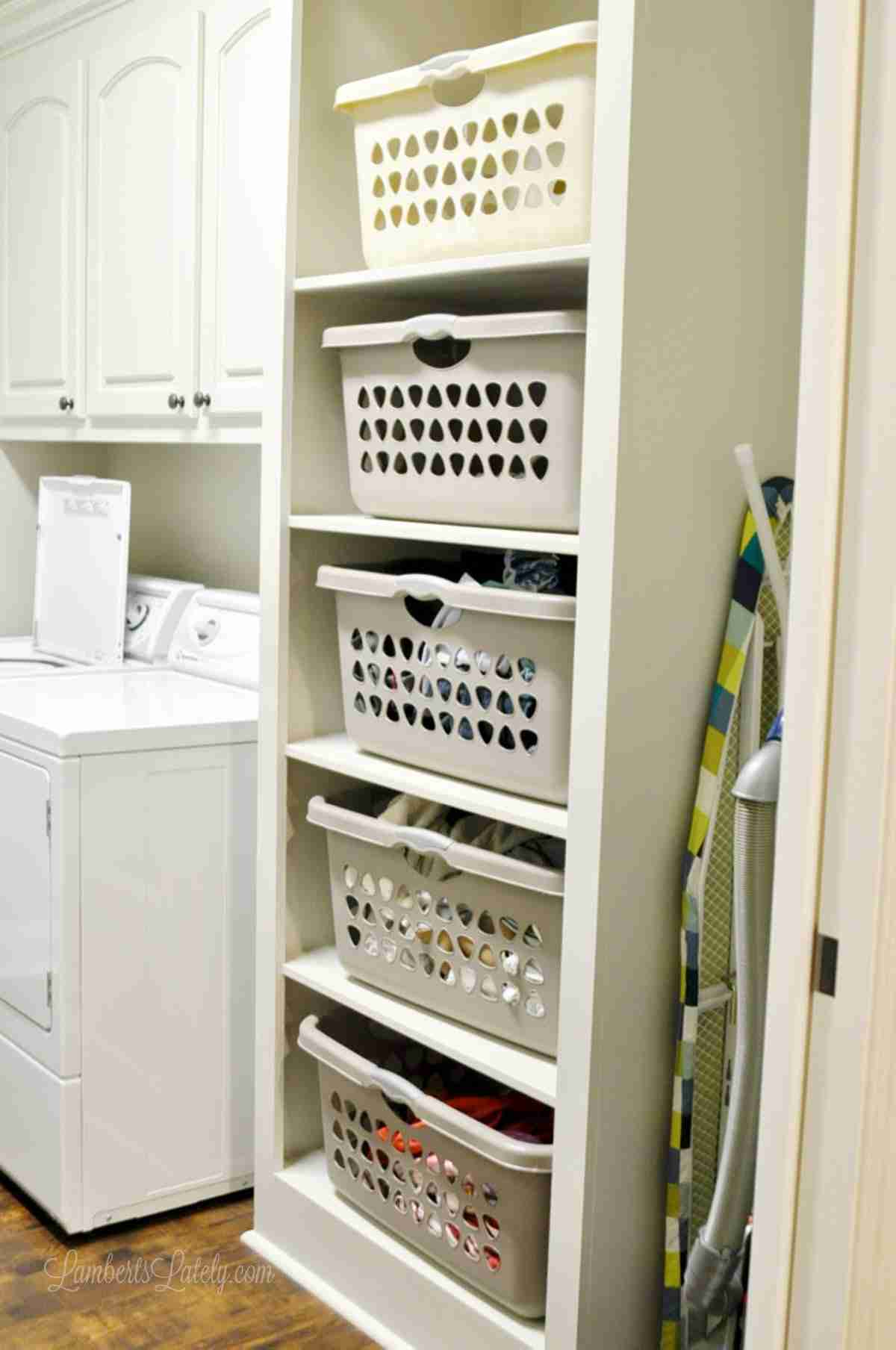 stackable laundry basket cabinet in a laundry room.