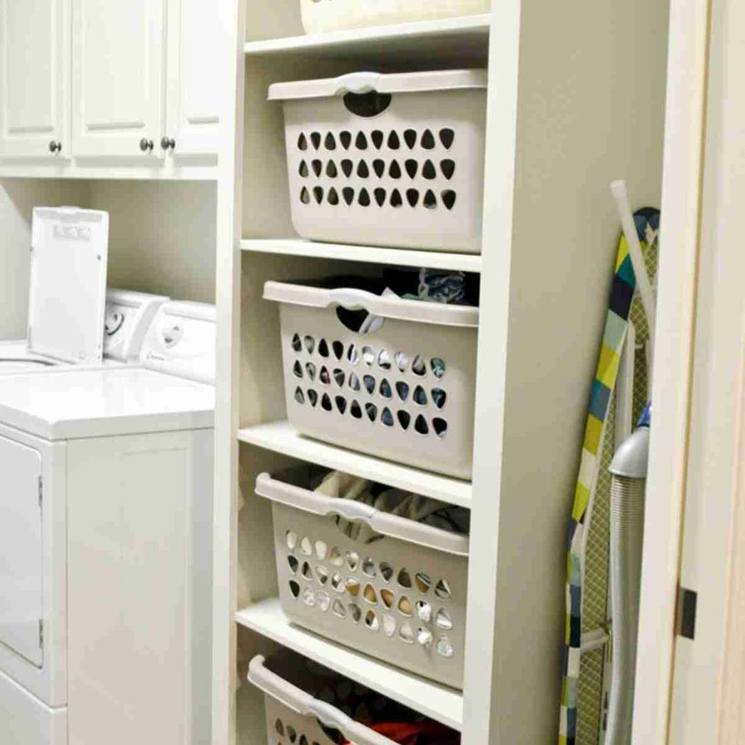 stacking laundry basket cabinet in a laundry room.