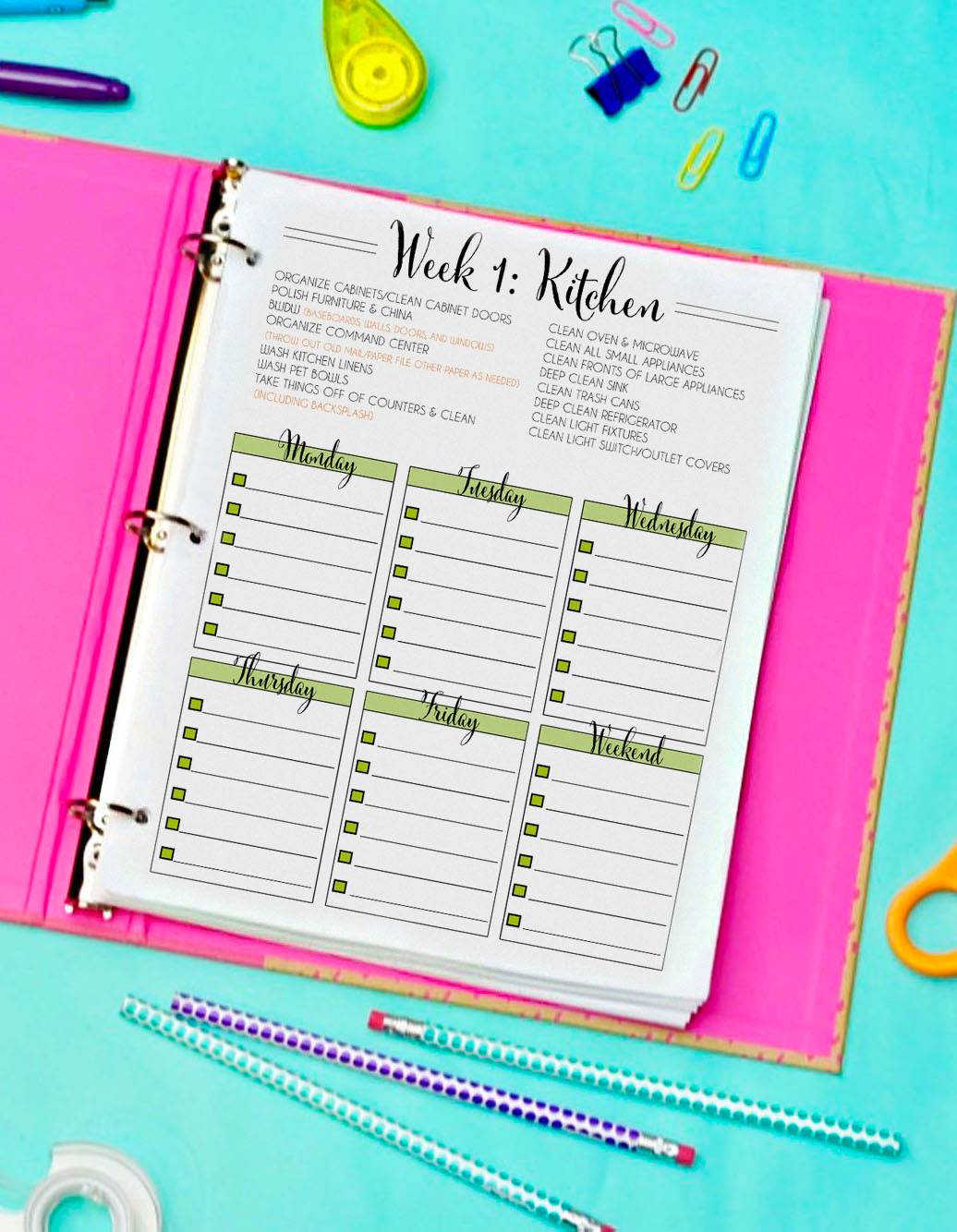 cleaning printable in a notebook.