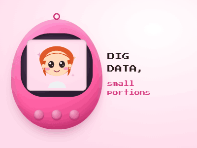 A cartoon image of a pink Tamagotchi with an avatar of Helen Dawson and text that says big data, small portions