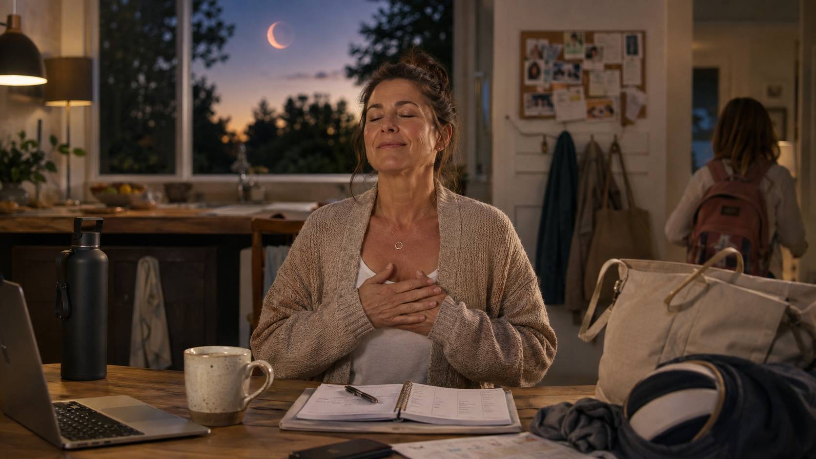 Woman sitting quietly at home with hands at her heart and a softened posture amid the fullness of everyday life, with a subtle lunar eclipse visible outside.