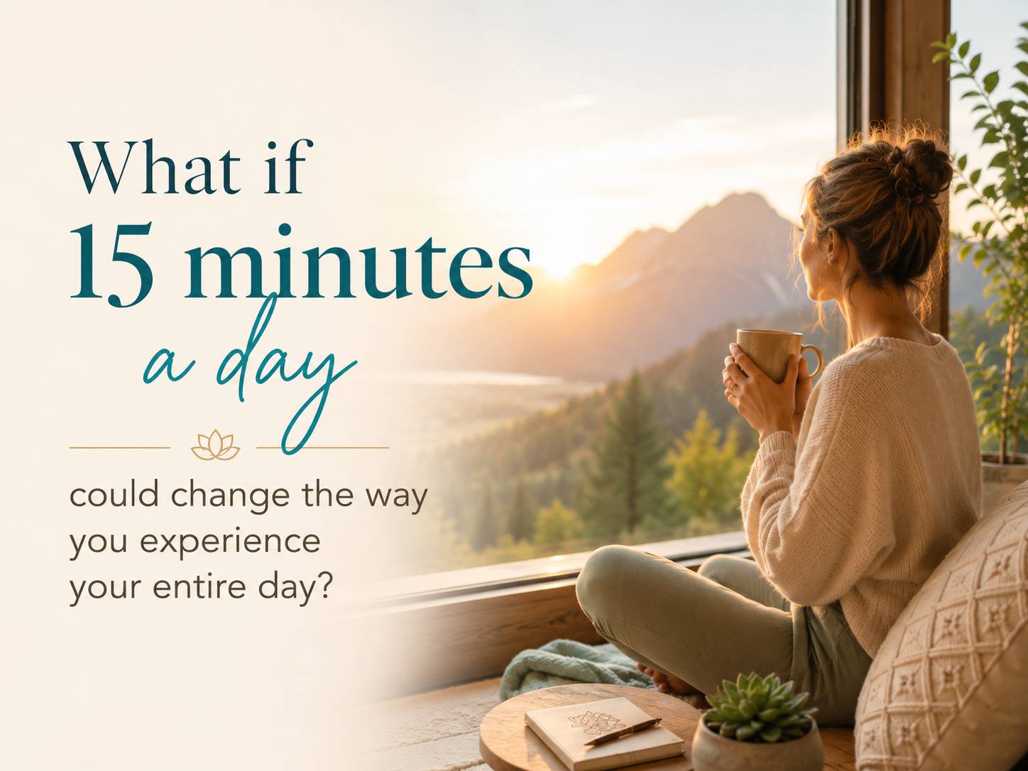 A woman sits peacefully by a large window at sunrise, holding a warm mug as she looks out over mountain peaks. Soft cream and teal text reads, "What if 15 minutes a day could change the way you experience your entire day?" The image evokes calm, presence,