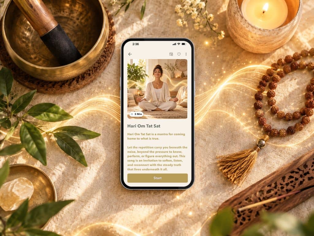 Flat lay of a smartphone showing the Hari Om Tat Sat practice in the SOULutions app, surrounded by sacred objects, warm candlelight, and soft golden energy.