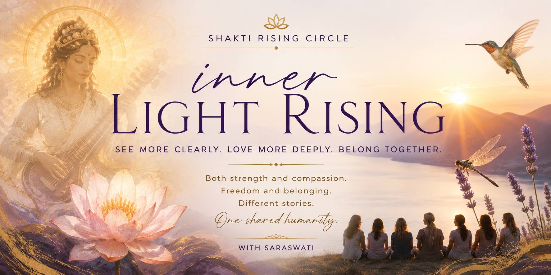 group of people sitting in a serene nature setting with text "inner light rising"