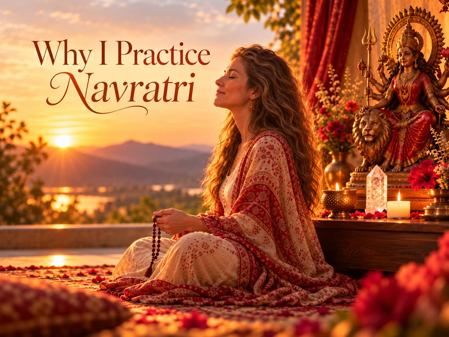 A serene image titled “Why I Practice Navratri,” showing a woman meditating at sunset with a mala in her hands, seated near an altar with candles and flowers, while Durga appears softly in the background in warm golden light.
