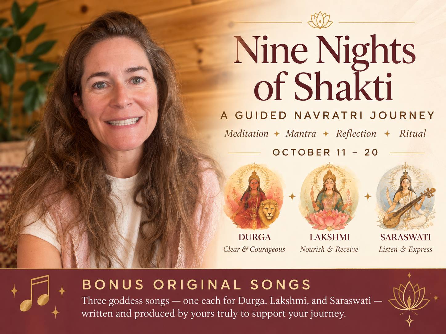 Mindy Arbuckle beside the Nine Nights of Shakti course details, featuring Durga, Lakshmi, and Saraswati with dates October 11–20 and a bonus of original goddess songs.