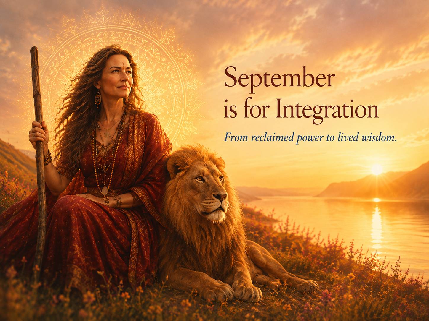 A serene woman in deep red sits beside a lion at sunrise, holding a simple wooden staff beneath a glowing mandala. Text reads, “September is for Integration — From reclaimed power to lived wisdom.”