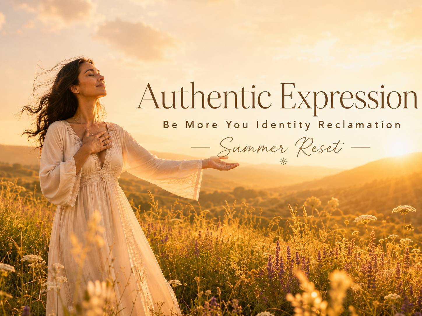 A woman in a flowing cream dress stands in a golden summer meadow at sunset with one hand on her heart and one arm open, surrounded by wildflowers and warm mountain light. Text reads: “Authentic Expression — Be More You Identity Reclamation — Summer Reset