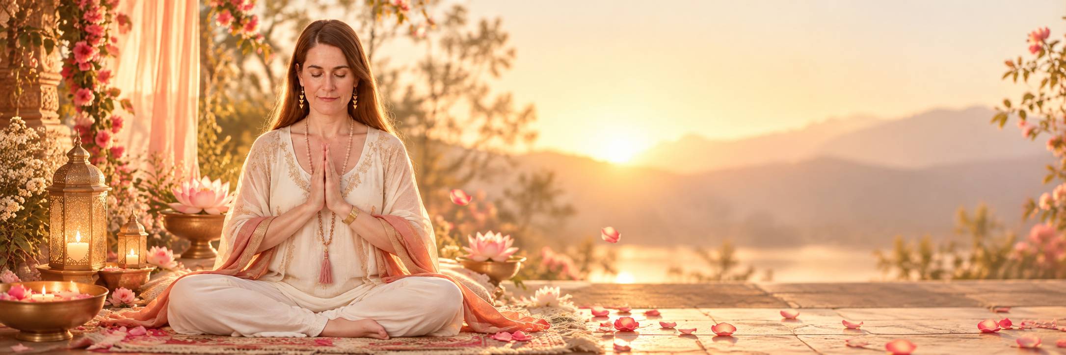 Woman meditating outdoors in warm golden light with a serene mountain-inspired backdrop, created as a banner for Nine Nights of Shakti, a guided Navratri journey of meditation, mantra, reflection, and ritual.