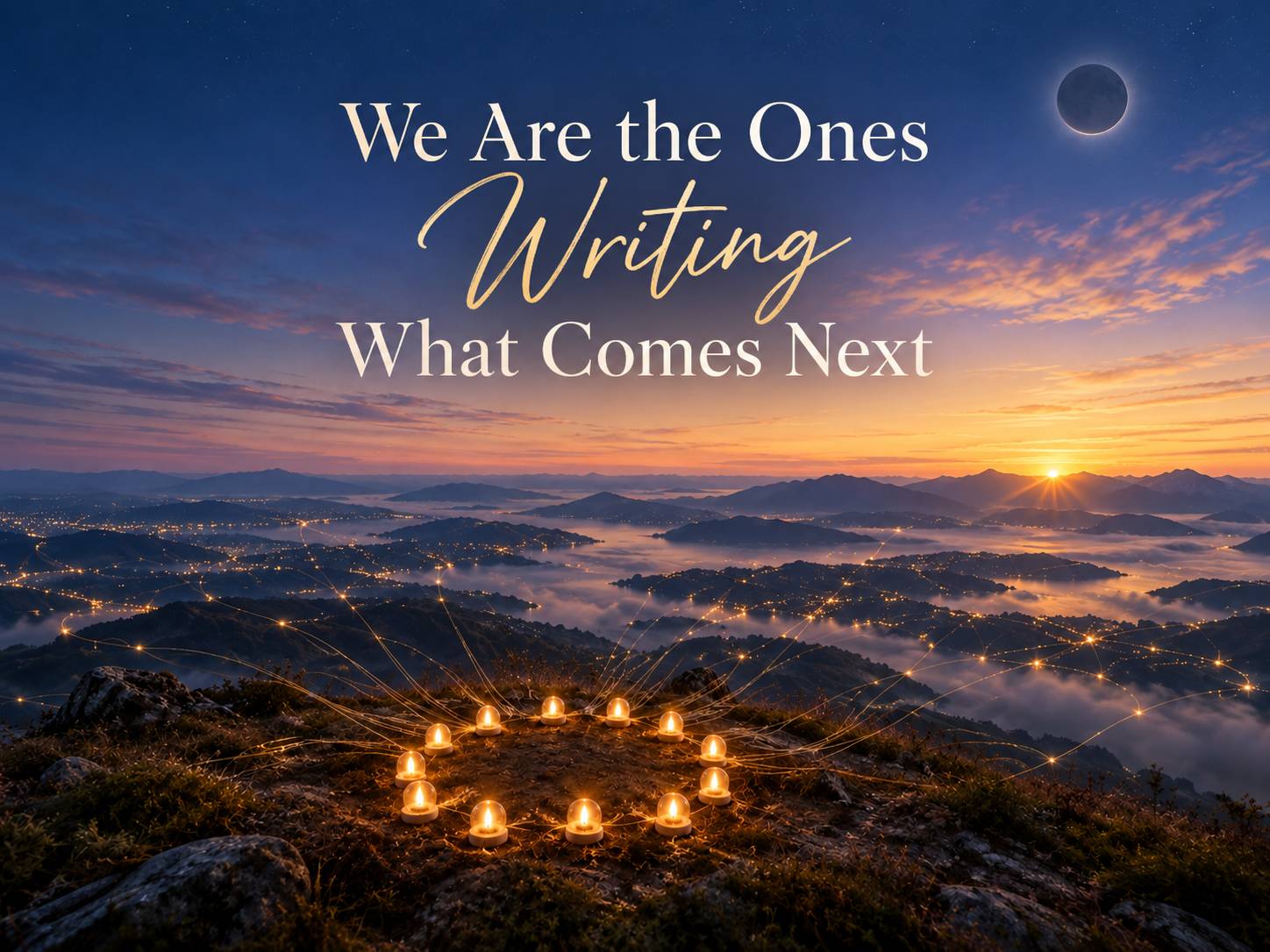 Glowing candles beneath a new moon in the morning sky with the title “We Are the Ones Writing What Comes Next.”