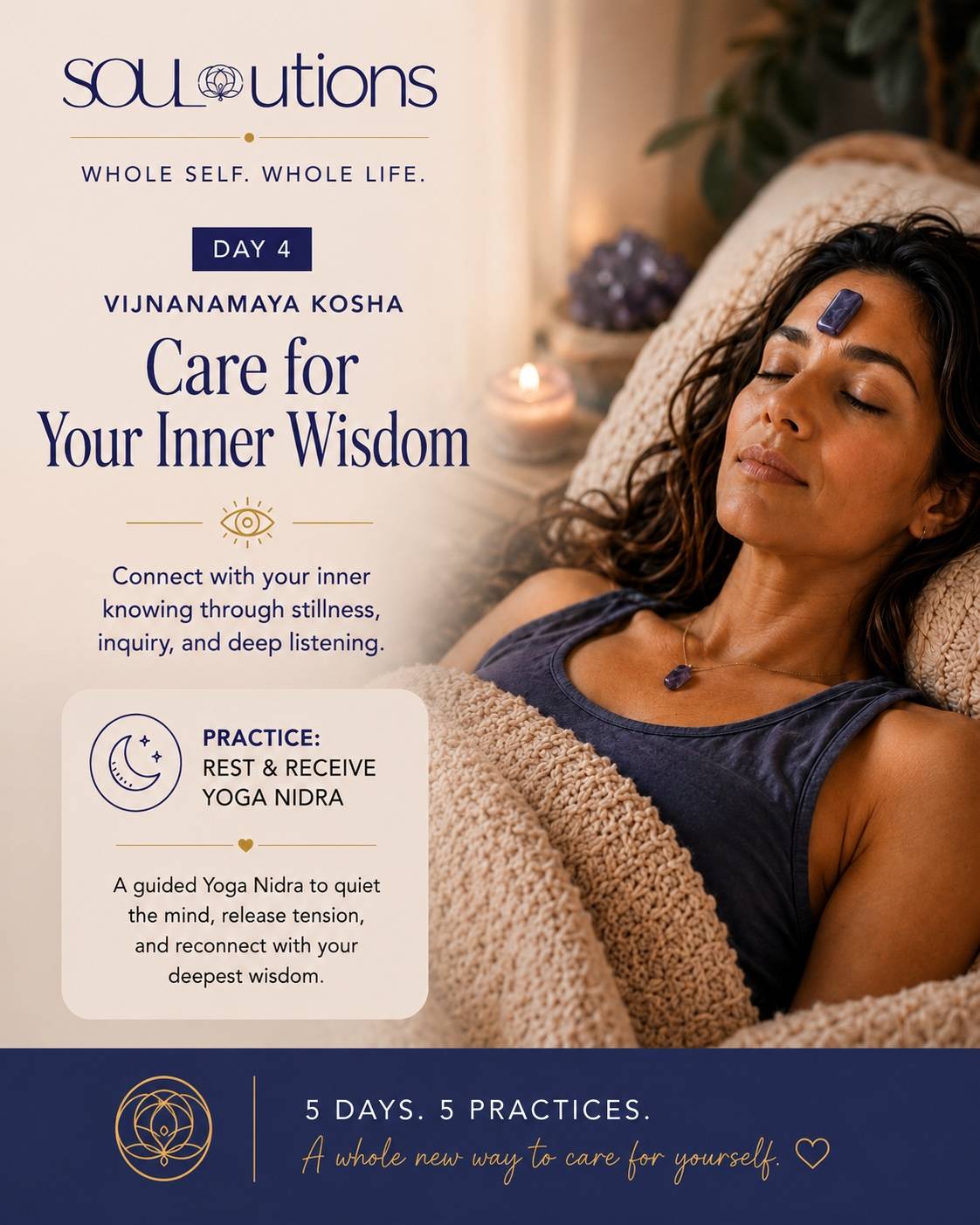 Woman resting in yoga nidra for day 4 practice Care for Your Inner Wisdom in the 5-day Whole-Self Care Challenge