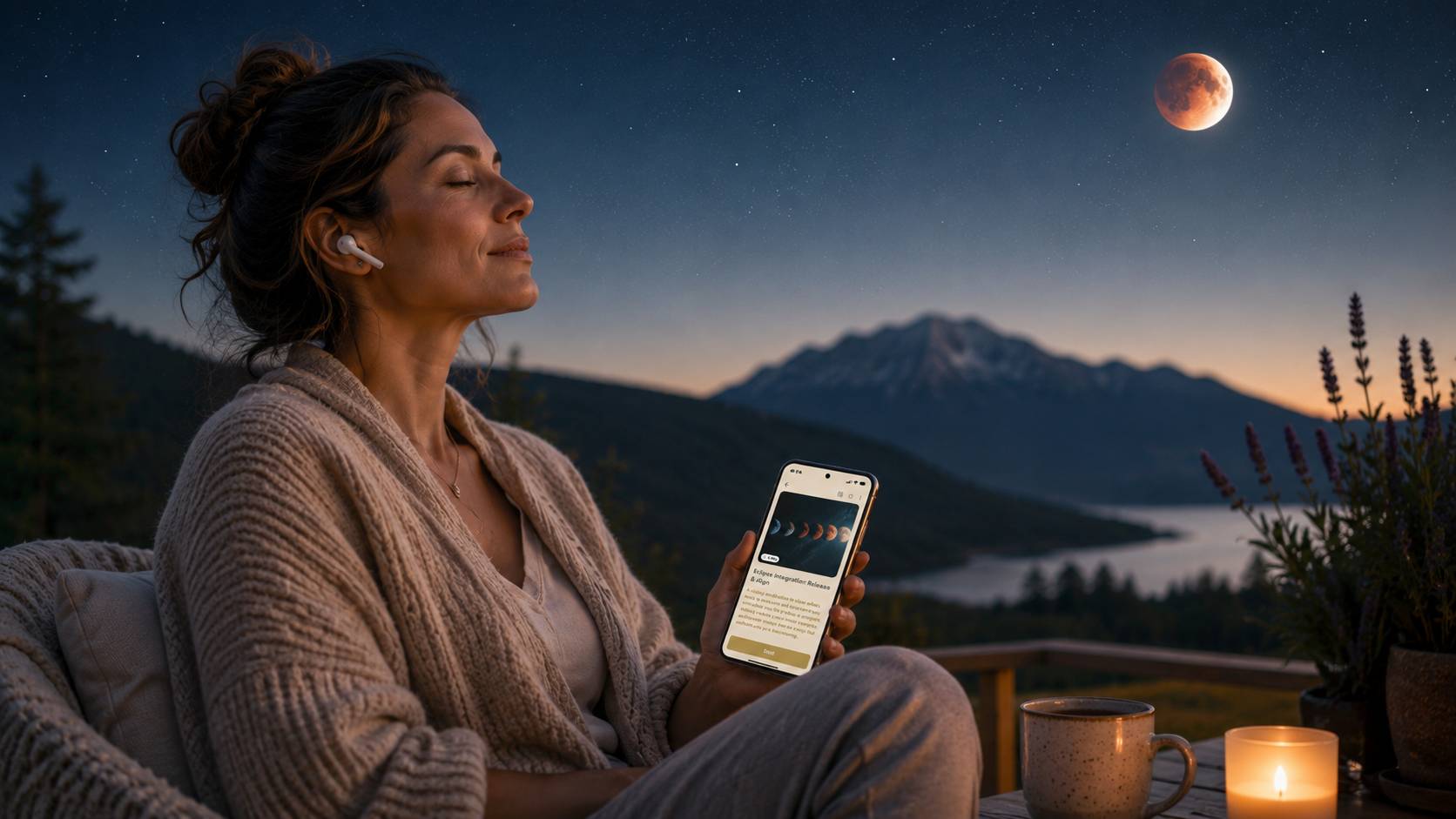 A woman sits peacefully by a mountain lake at dusk beneath a lunar eclipse, wearing earbuds and listening to a meditation on her phone. The phone screen shows the SOULutions App practice “Eclipse Integration: Release & Align,” creating a calm, grounded sc