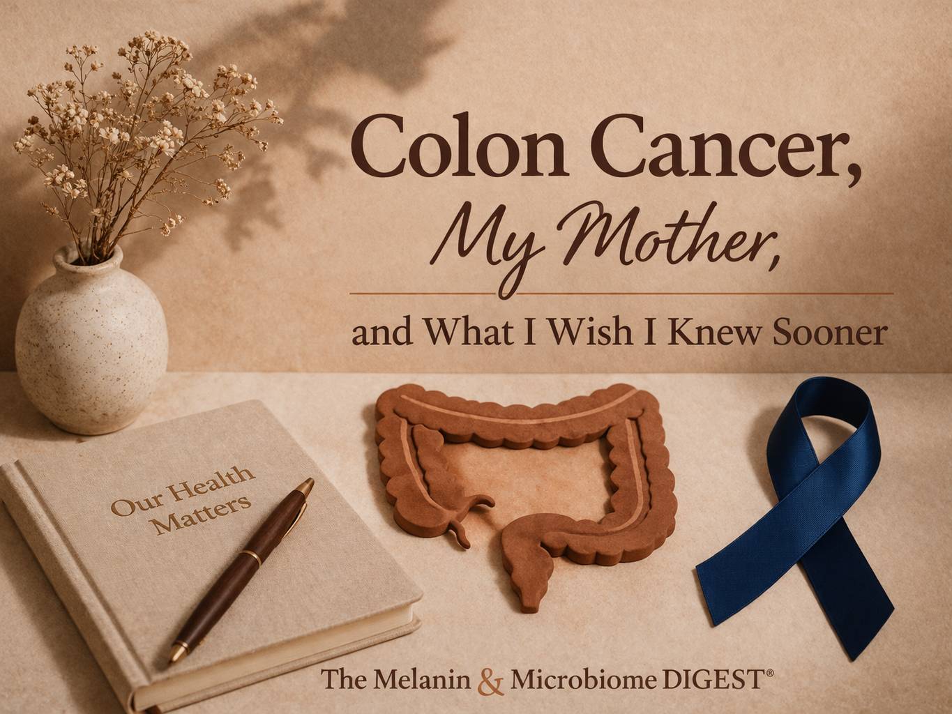 Editorial thumbnail for The Melanin & Microbiome Digest featuring the title “Colon Cancer, My Mother, and What I Wish I Knew Sooner,” a stylized colon illustration, and a dark blue colon cancer awareness ribbon on a warm, neutral background.