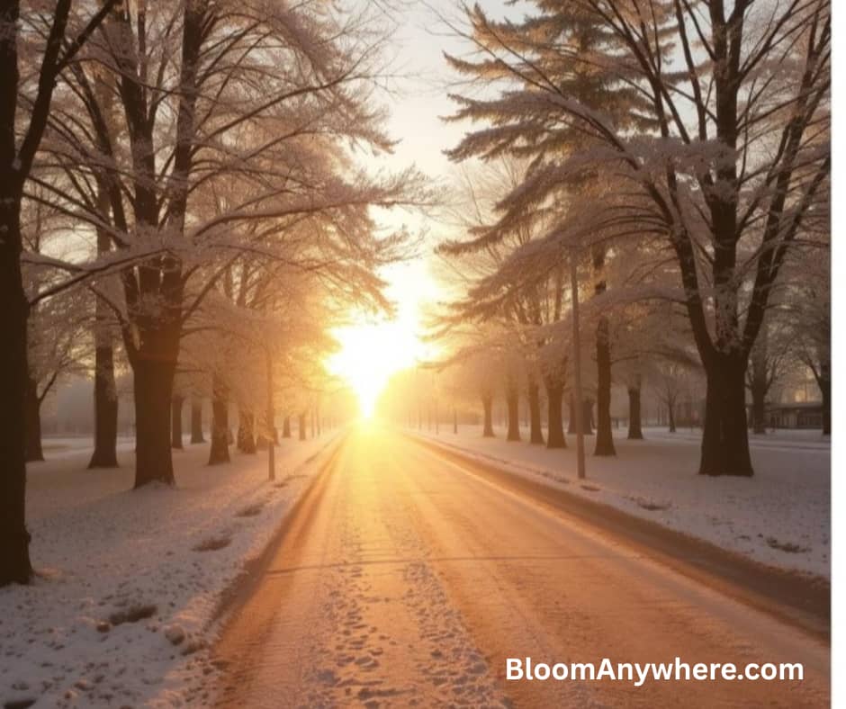 Sunrise over a snowy road with trees on either side.