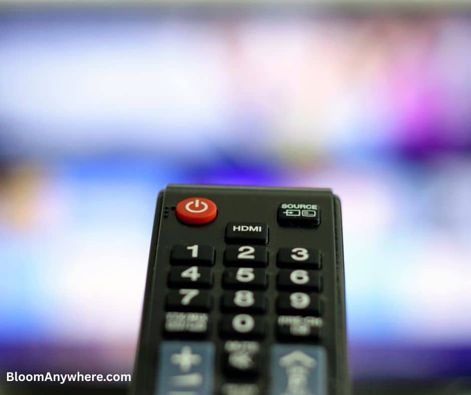 A black remote control is in the foreground pointed at a TV in the background