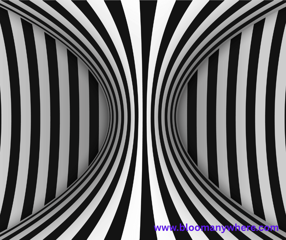 A series of black and white bars, curved and straight, that create the illusion of a 3D column and background.