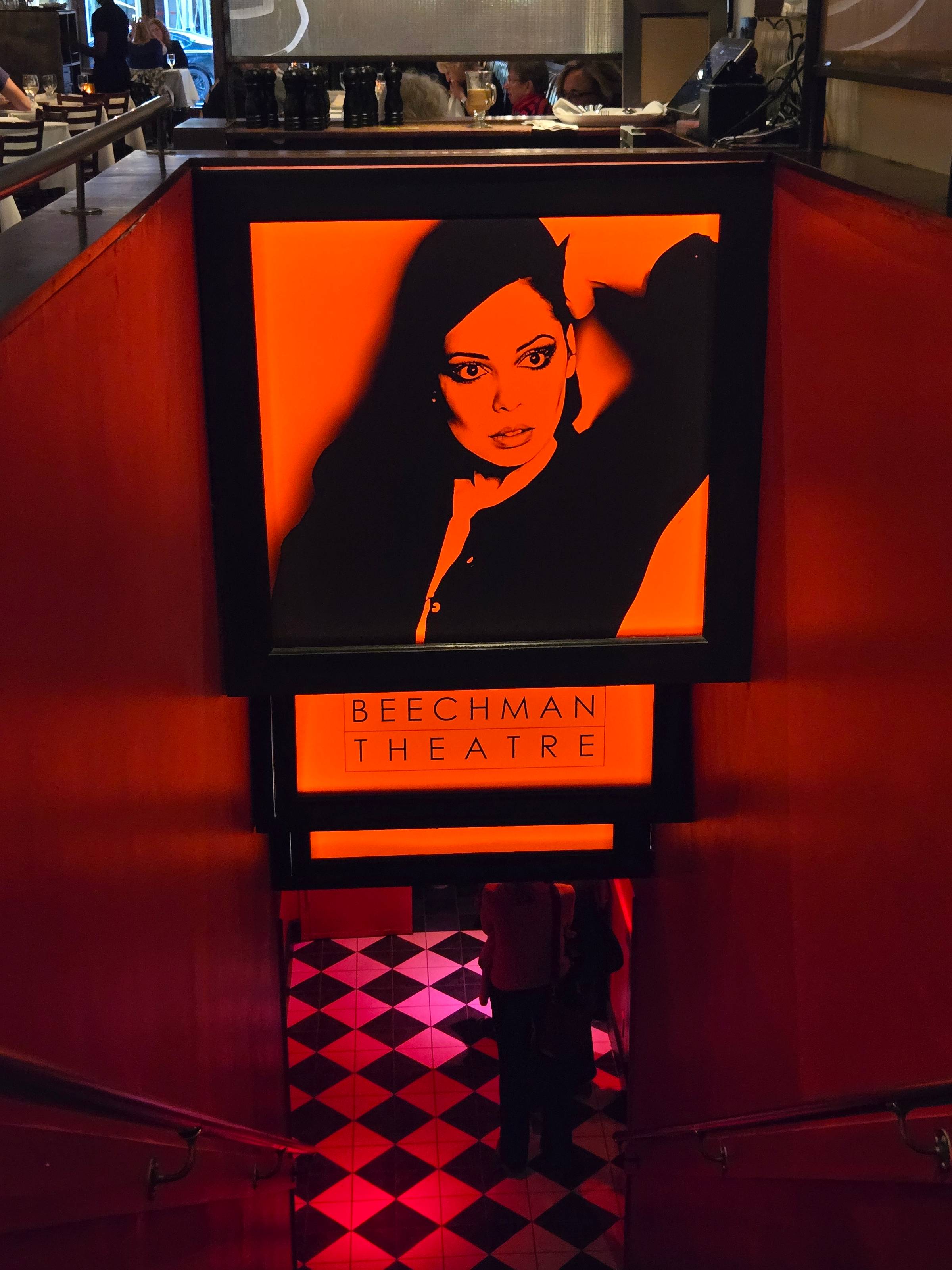 Photgraph of the sign at the entrance of the Laurie Beechman Theatre in NYC taken from the top of the stairs. It's a photo of Beechman with the name of the theater underneath.