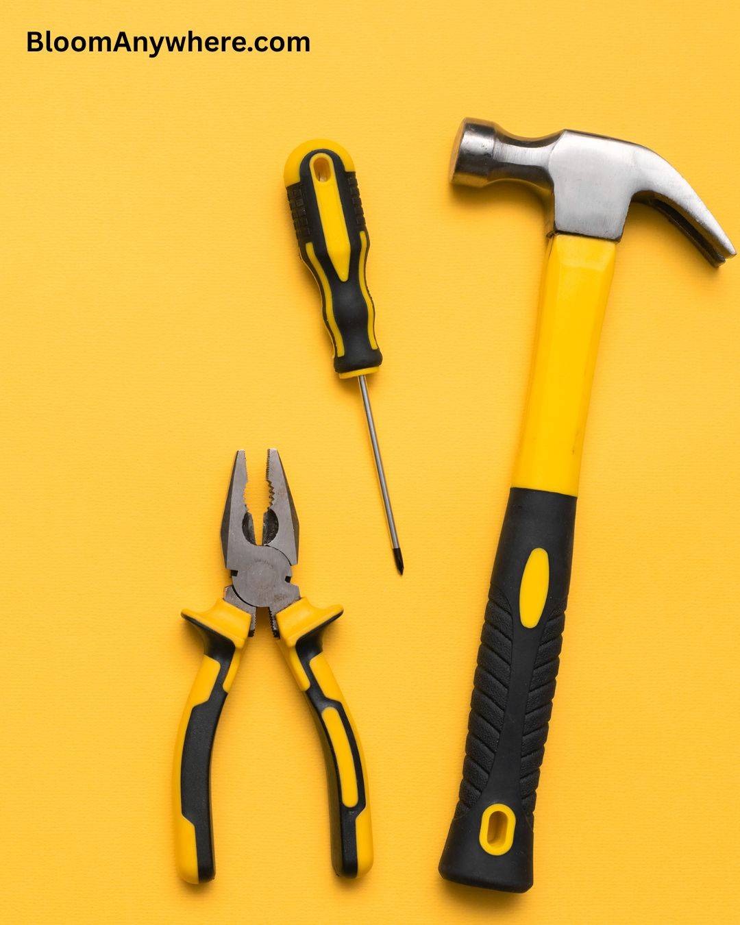 Various tools against a bright yellow background