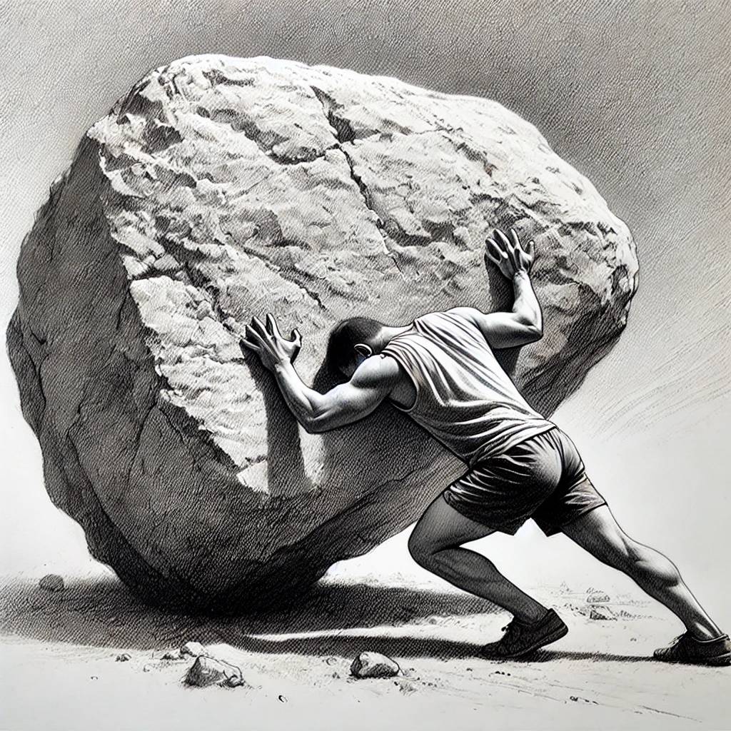 A monochromatic illustration of a muscular person leaning against a giant boulder. They are pushing with all their strength, wearing a sleeveless shirt and shorts. The scene suggests a metaphor for immense effort or struggle.