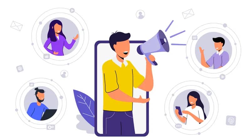 A remote employee with a megaphone shares their EVP with prospective talent