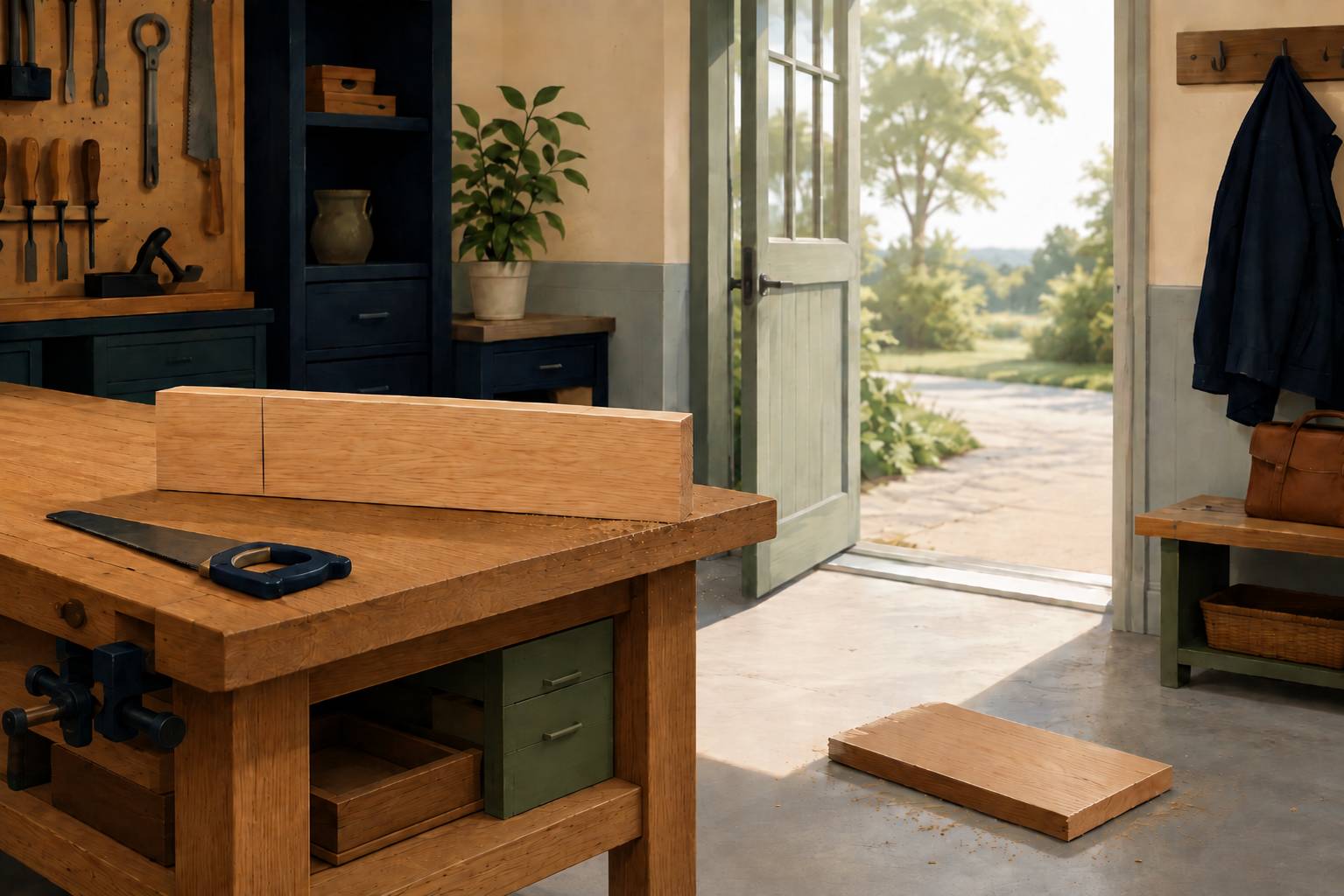A board sits on a workbench. One side is measured and marked to be cut off but the other side has been cut off already.