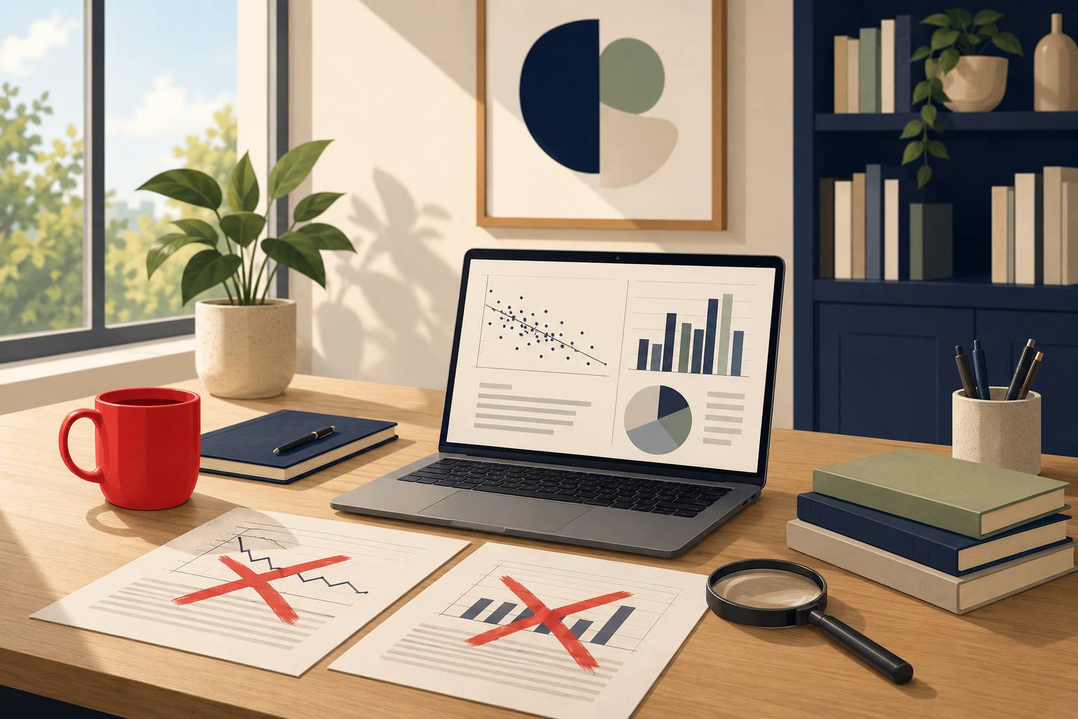 A laptop sits on a desk with 2 papers in front of it with red Xs