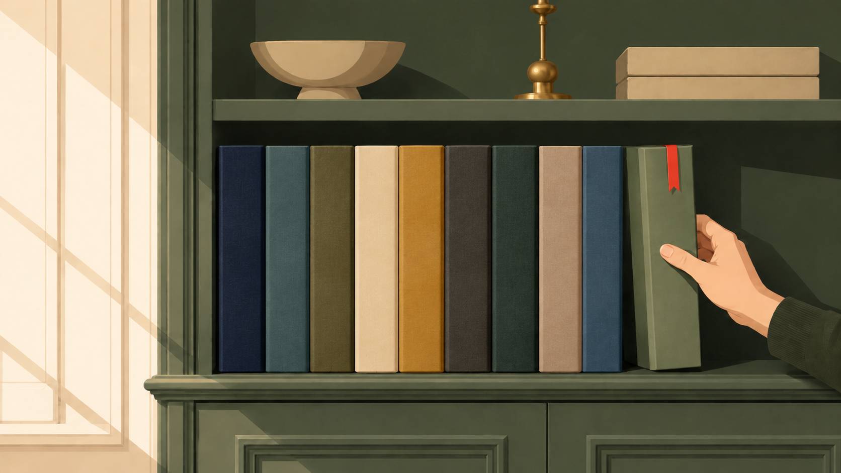 An illustrated image of a book being placed on a shelf.