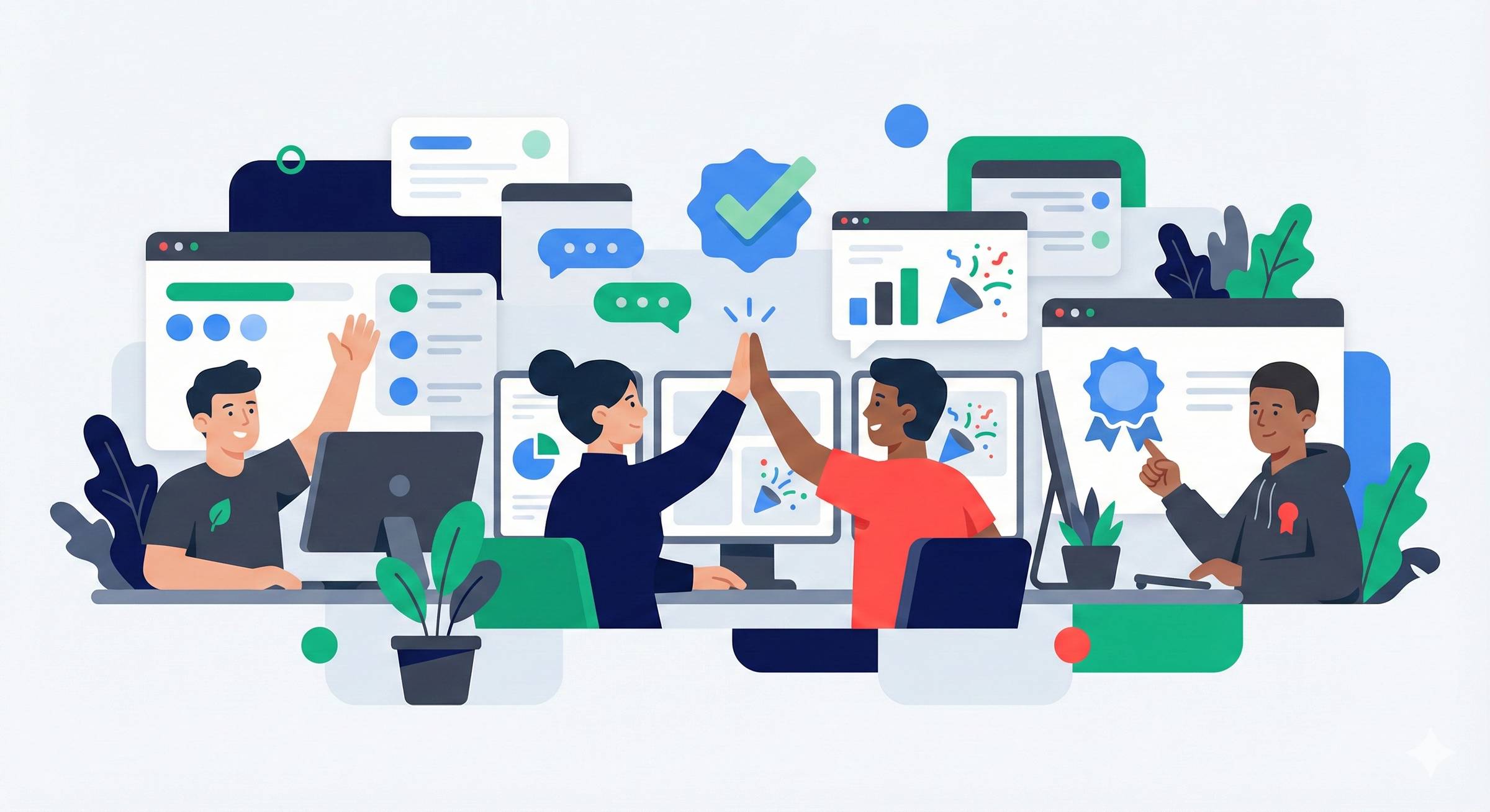 A vector illustration team working remotely with high morale.