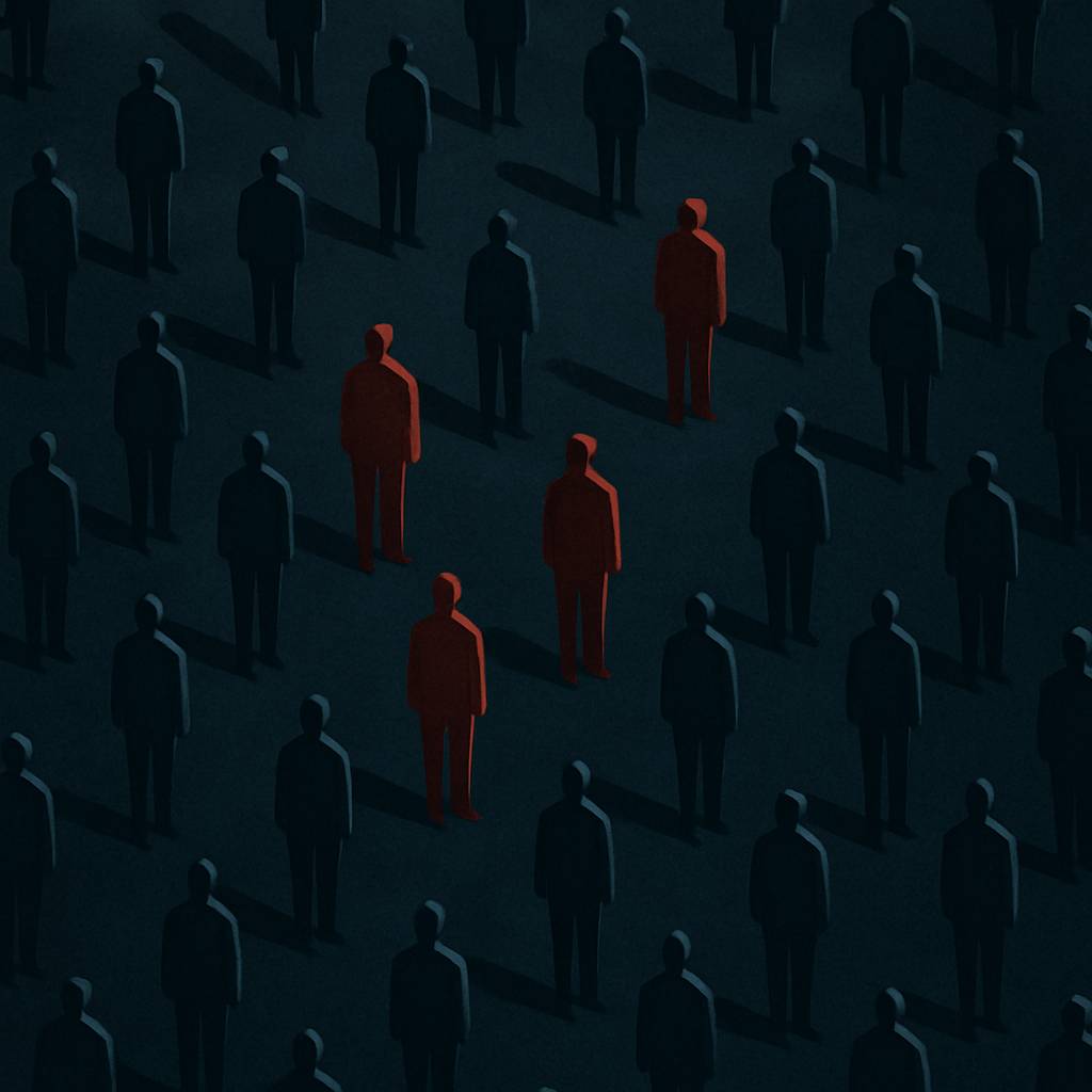 A picture of worker silhouettes with some highlighted red suggesting layoffs