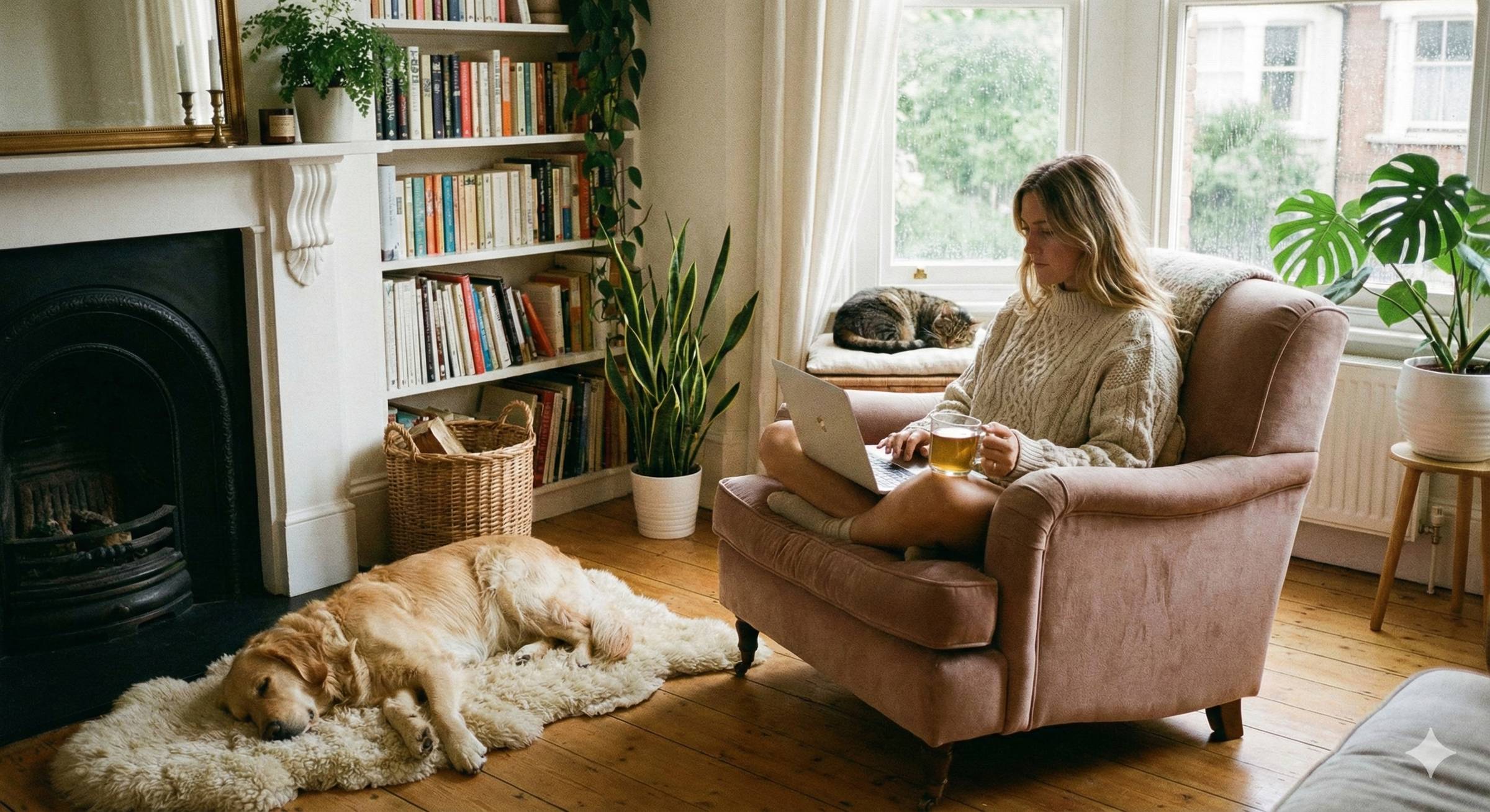 A person works remotely with their dog relaxing nearby