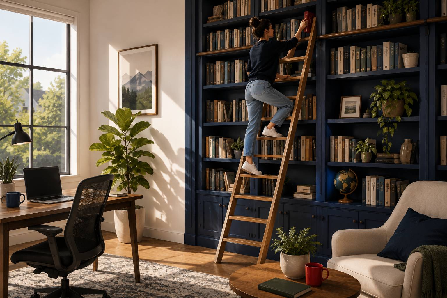 A remote worker climbs a ladder in her office to reach a book on a tall bookshelf. 