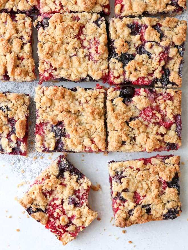berry crumb bars cut into squares