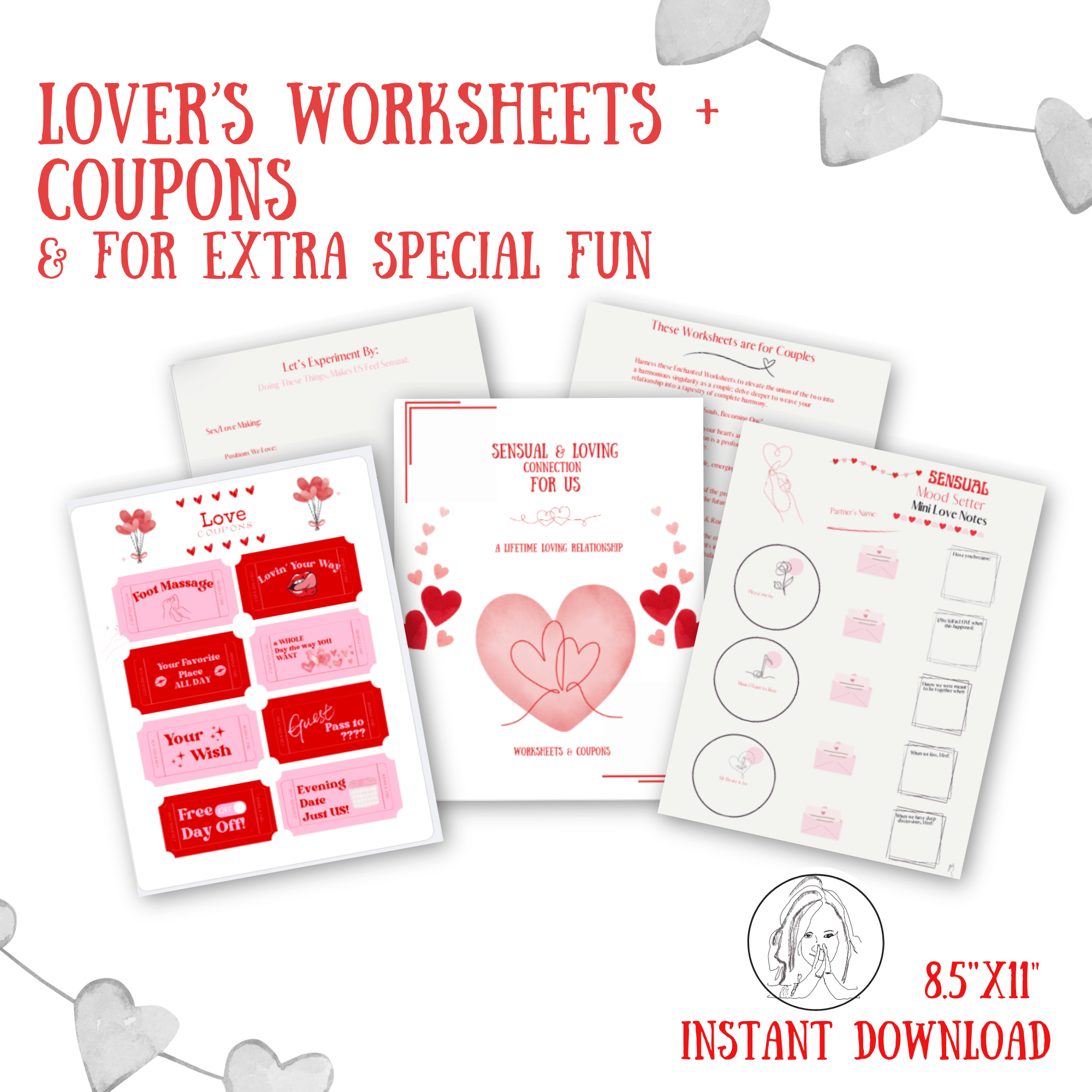 The image features a collection of romantic-themed resources titled "Lover's Worksheets + Coupons for Extra Special Fun." There are several sheets displaying activities and coupons, such as "Foot Massage" and "Evening Date." The design includes heart moti