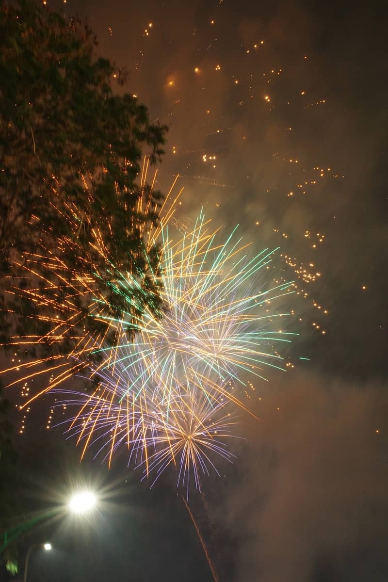 A large fireworks display in the night sky