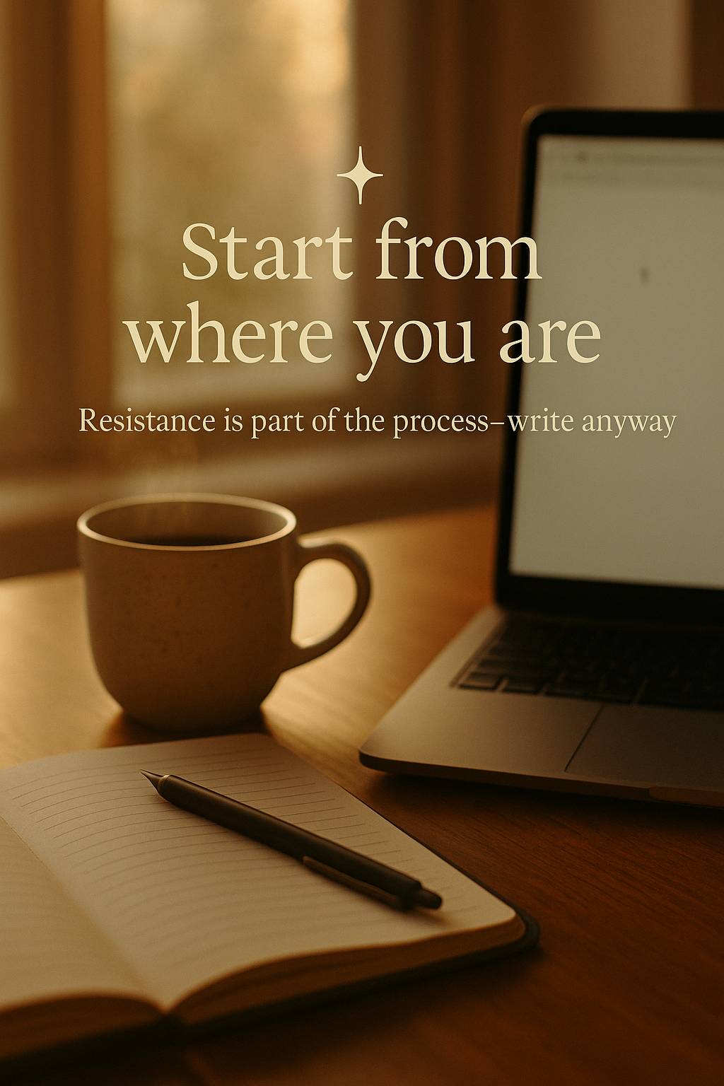 Image of a coffee cut and part of laptop with words "Start where you are", created by ChatGPT