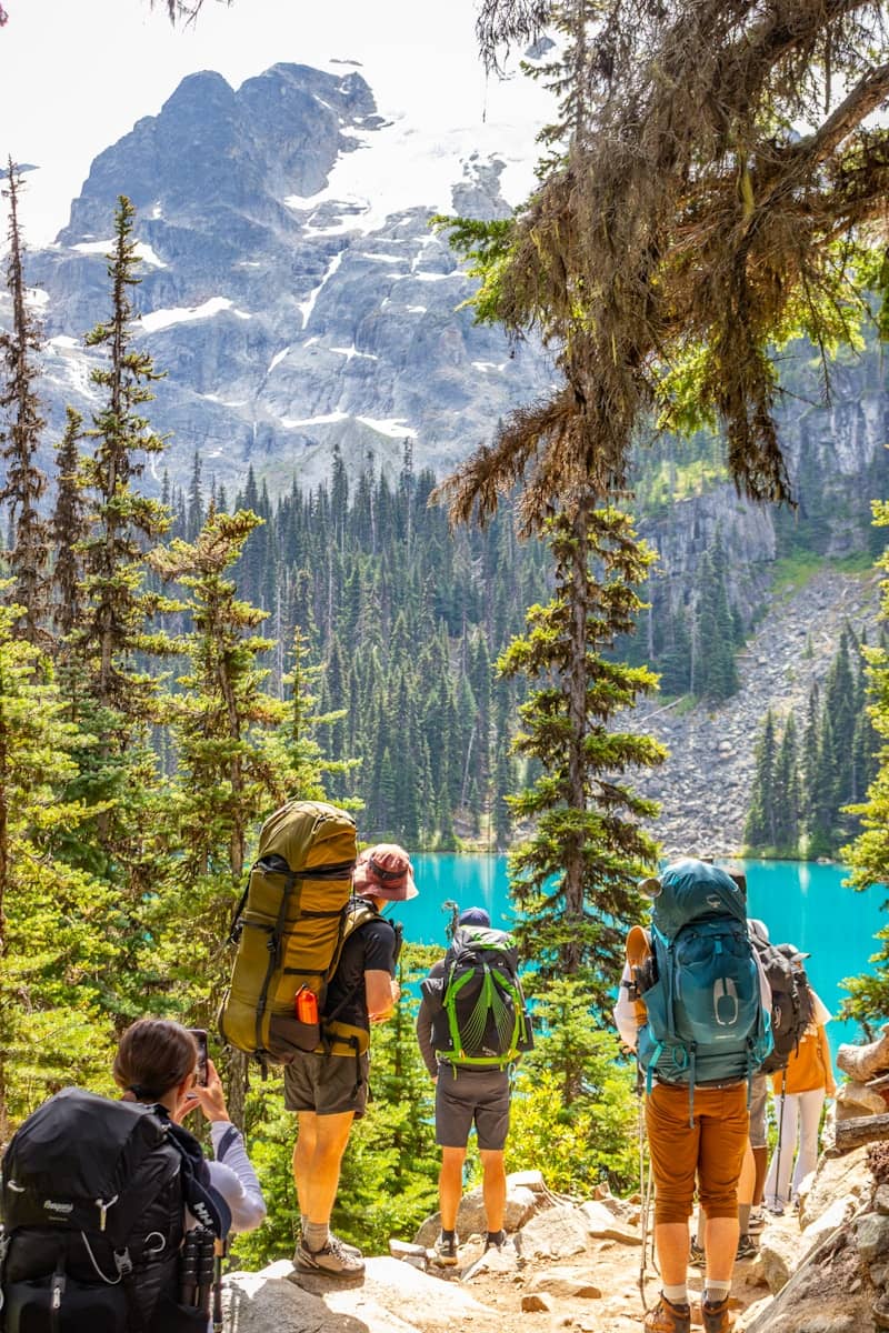 Hikers gaze at a stunning mountain lake view.
