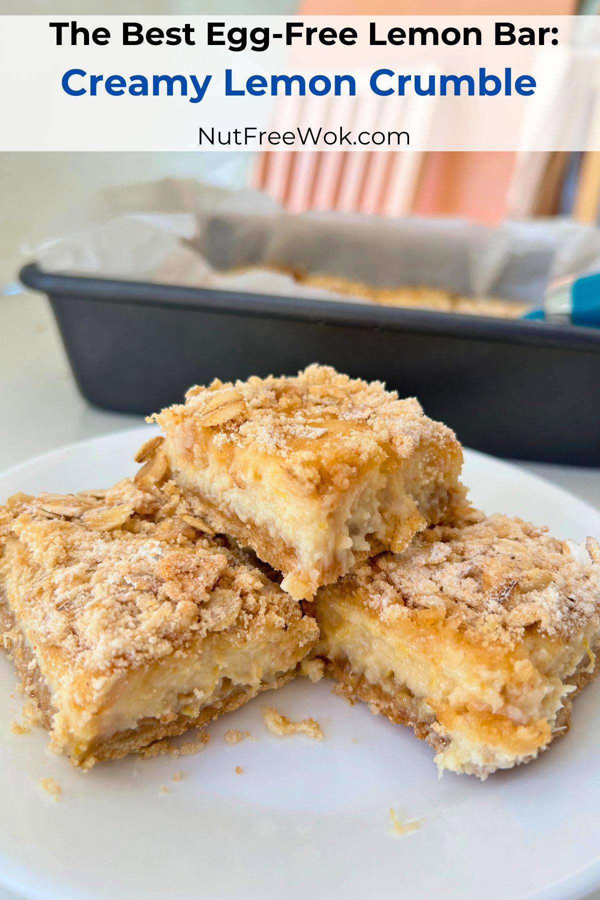 Nut-free, egg-free lemon crumble bars arranged on a plate