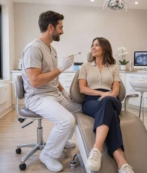 Dentist talking to patient in a modern dental office.
