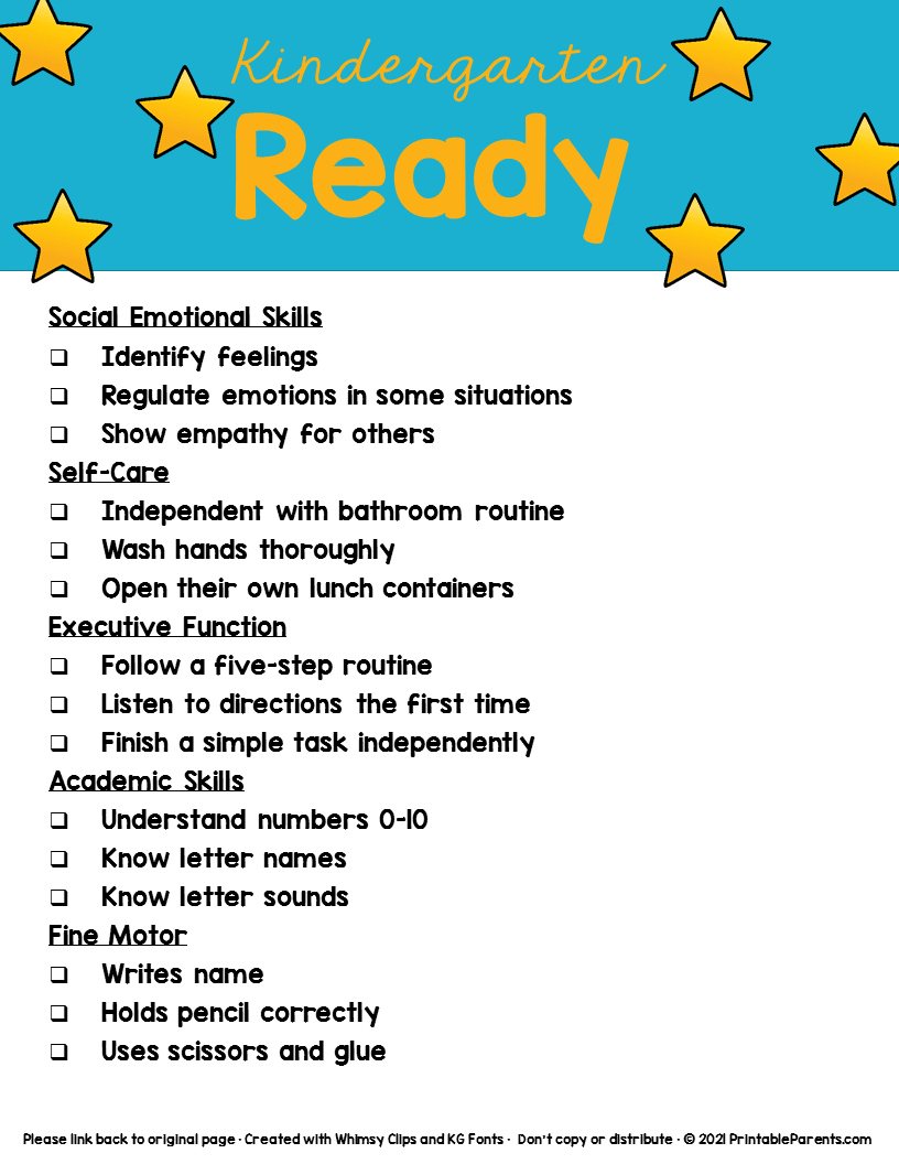 Ready For Kindergarten Checklist Printable Parents