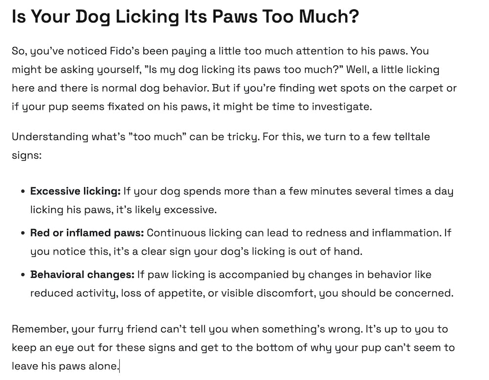 Full AI response for "Is your dog licking its paws too much?"
