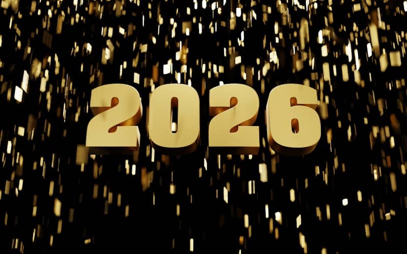 Golden year 2026 with falling confetti
