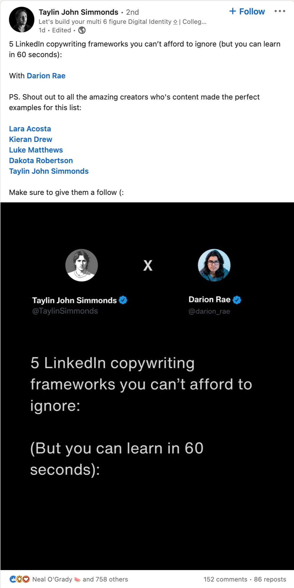 5 LinkedIn copywriting frameworks you can’t afford to ignore (but you can learn in 60 seconds):  With Darion Rae  PS. Shout out to all the amazing creators who's content made the perfect examples for this list: