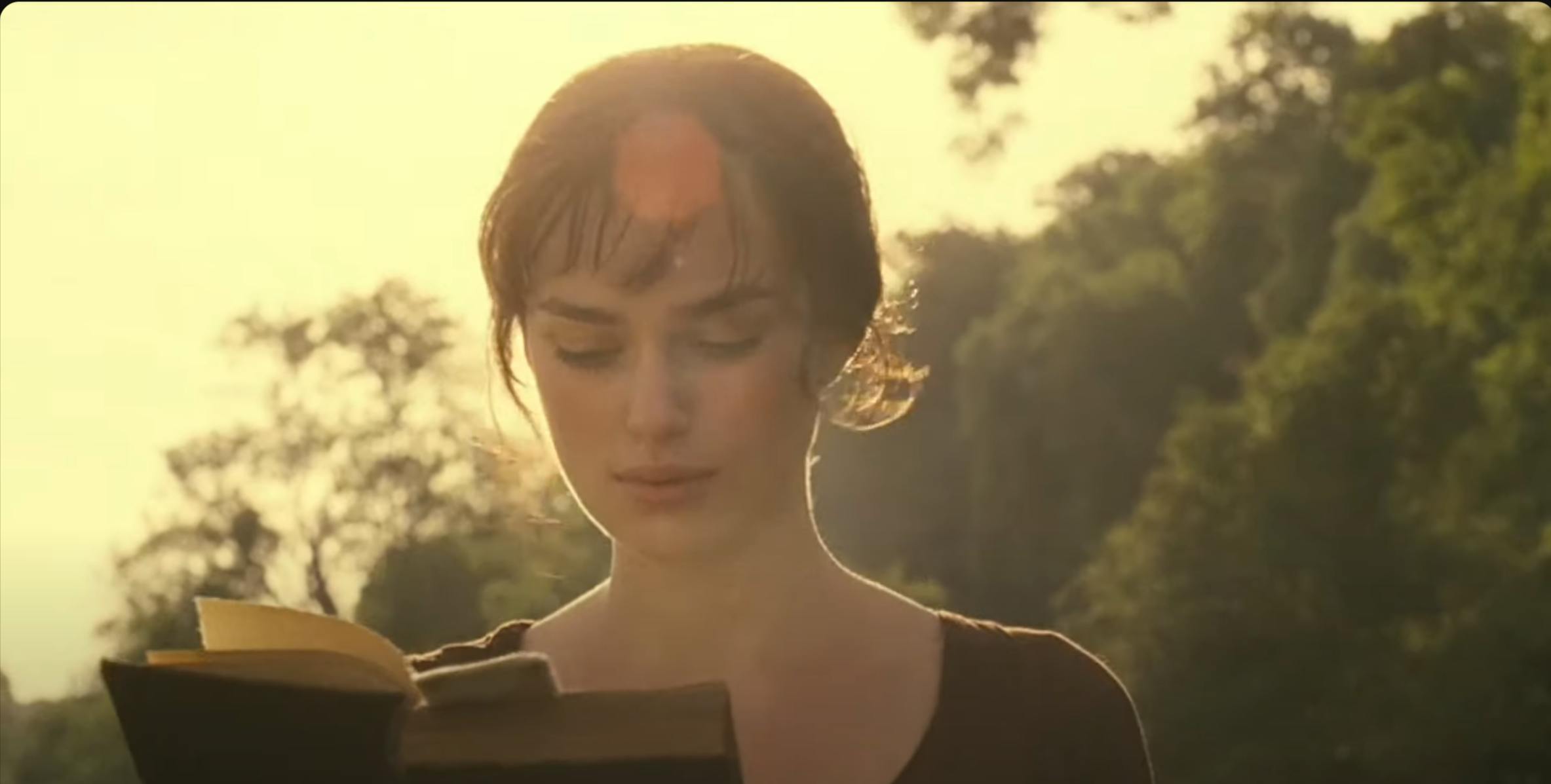 The opening image of Pride & Prejudice shows Kiera Knightly as Elizabeth Bennet, reading a book in the countryside at sunrise. With very little information, we know this character is up early and reading. We eventually learn her Elizebeth is viewed as an intelligent woman who wishes to marry for love rather than money and furthering the socio-economic status of her family. 