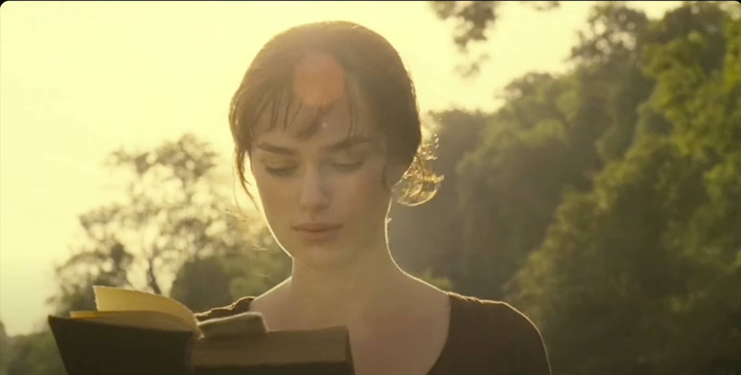 The opening image of Pride & Prejudice shows Kiera Knightly as Elizabeth Bennet, reading a book in the countryside at sunrise. With very little information, we know this character is up early and reading. We eventually learn her Elizebeth is viewed as an intelligent woman who wishes to marry for love rather than money and furthering the socio-economic status of her family. 