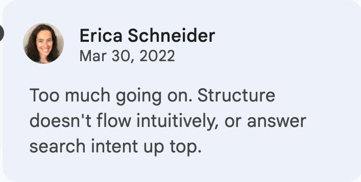 Erica Schneider - Too much going on. Structure doesn't flow intuitively, or answer search intent up top.