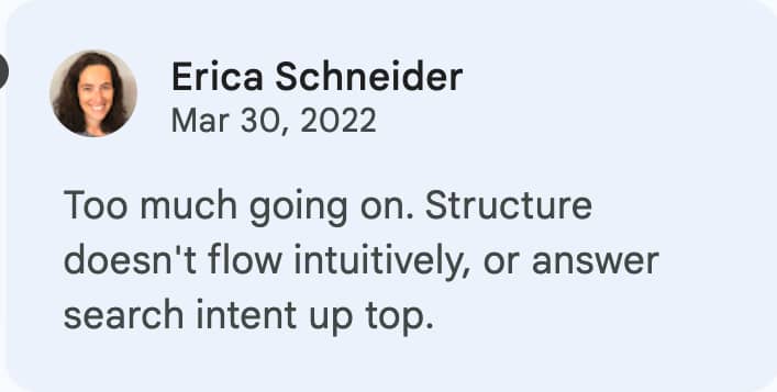 Erica Schneider - Too much going on. Structure doesn't flow intuitively, or answer search intent up top.