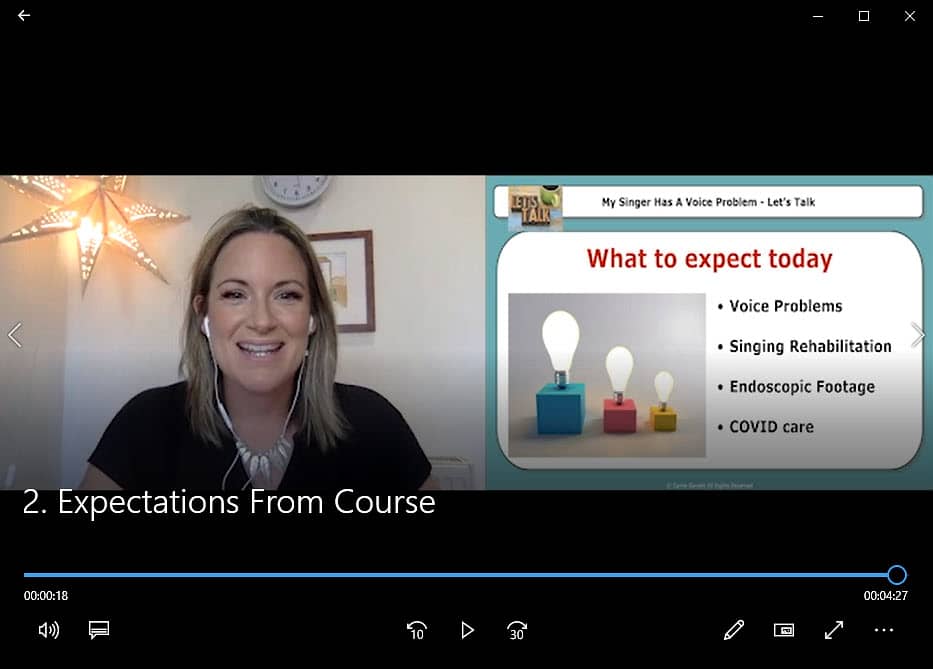 Highly specialist speech and language therapist Carrie Garrett presenting on My Singer Has A Voice Problem course